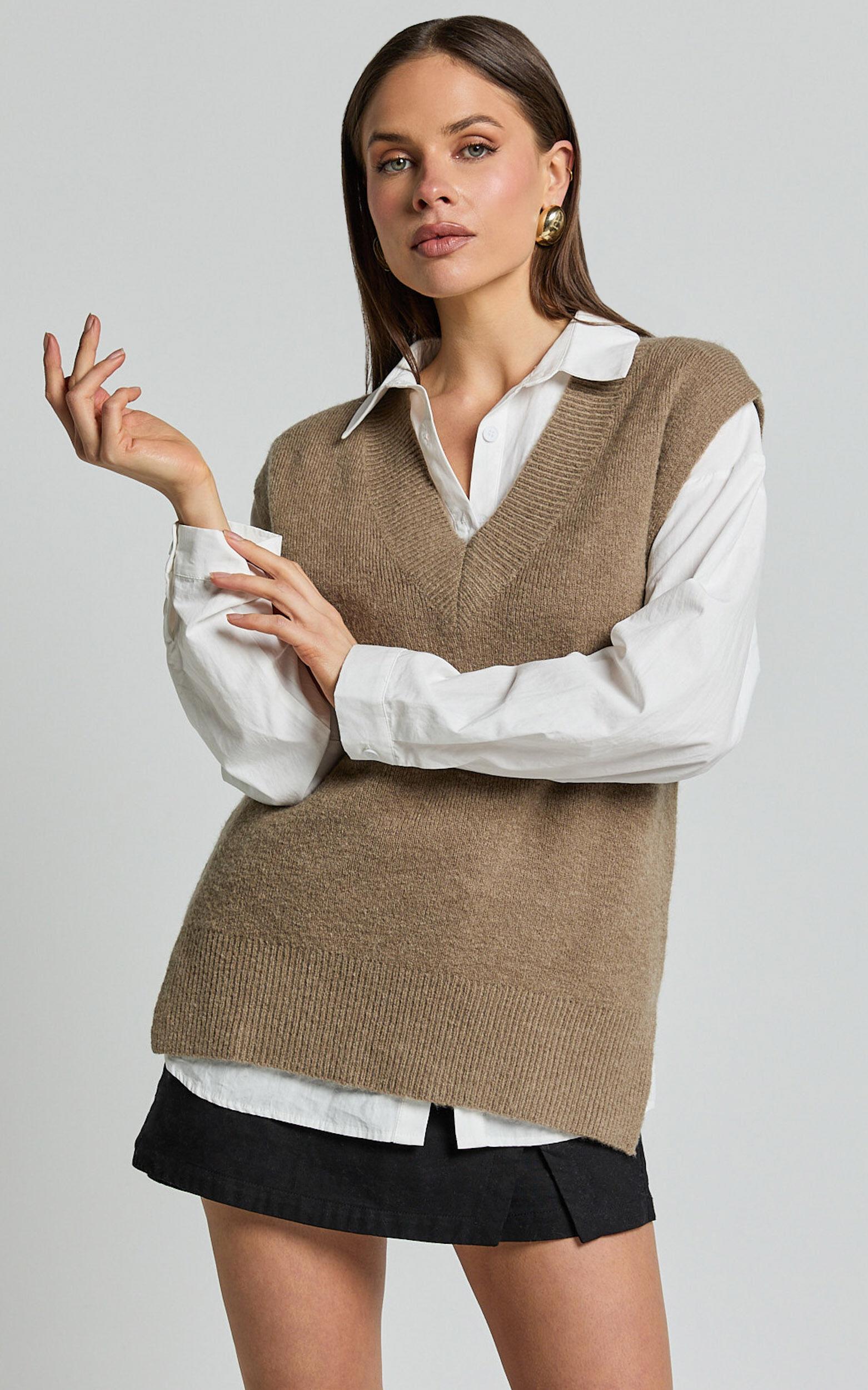 Chenelle Top - Sleeveless Knit Sweater Vest in Biscuit Product Image