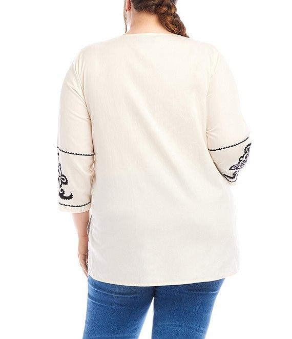 Karen Kane Plus Size Lightweight Cotton Embriordered Split Round V-Neck 3/4 Sleeve Tunic Product Image