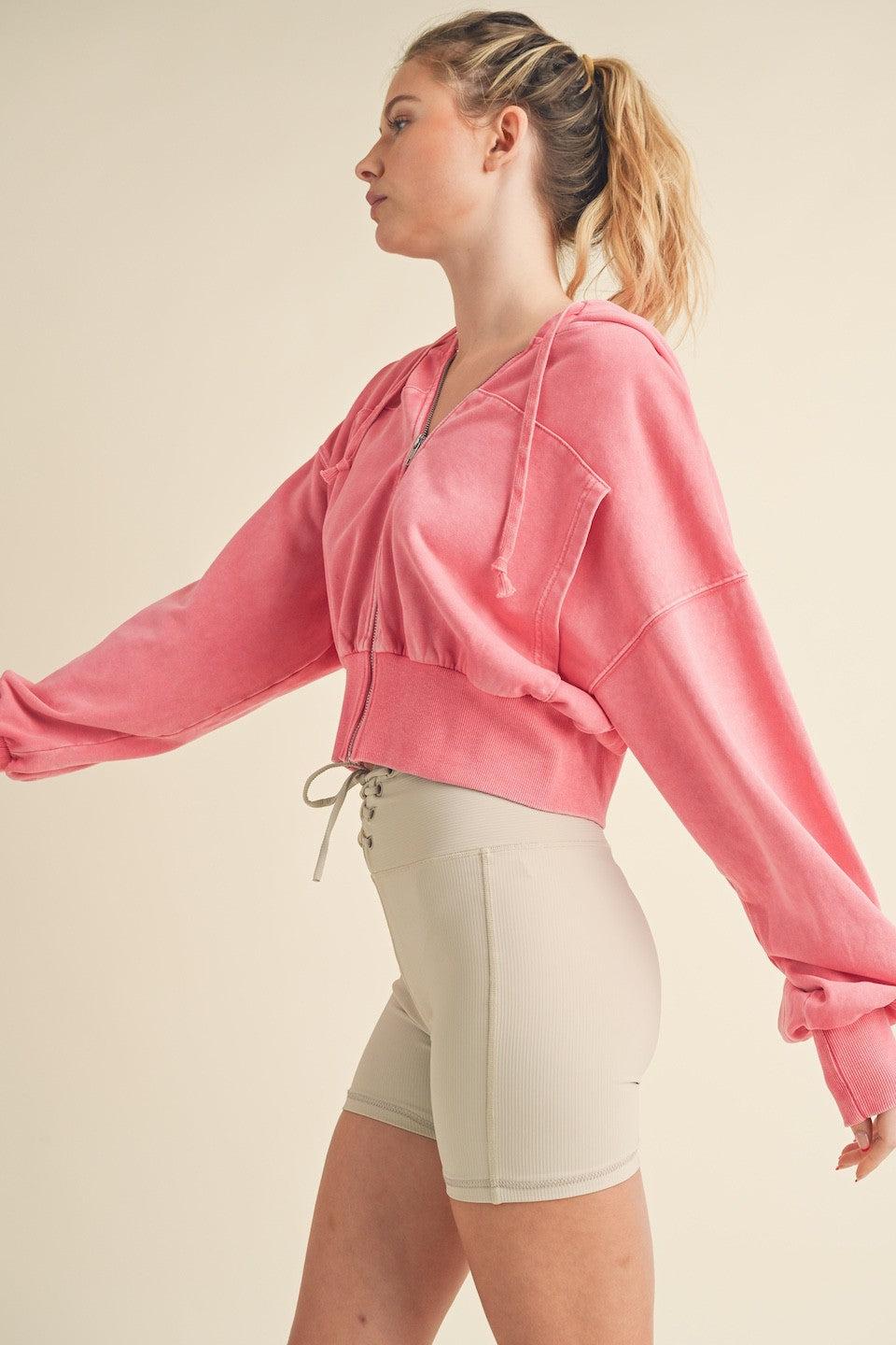 Mineral Washed Zip Up Cropped Hoodie Product Image