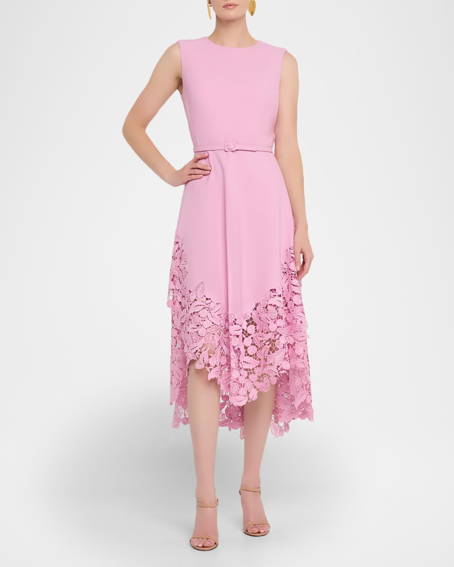 Sleeveless Cherry Guipure Embroidered High-Low Dress With Belt Product Image