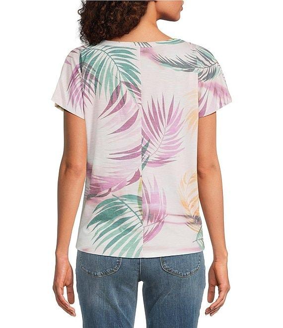 Democracy Petite Size Tropical Palm Print Scoop Neck Short Sleeve Twist Front Hem Knit Top Product Image