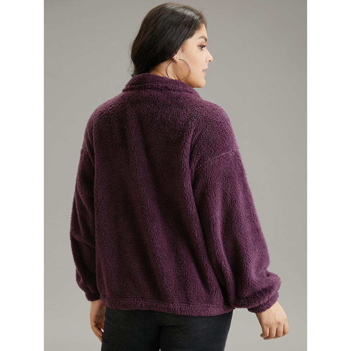 Plus Size Contrast Zipper Pocket Teddy Jacket Women Purple Elastic cuffs Pocket Dailywear Jackets BloomChic 14-16/1X Product Image