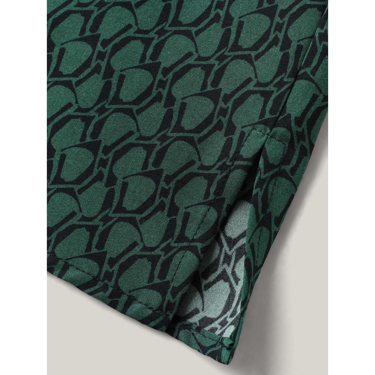 Plus Size DarkGreen Geometric Print Color Contrast Blouse Women Elbow-length sleeve Flat collar with V-notch Work Blouses BloomChic 22-24/3X Product Image