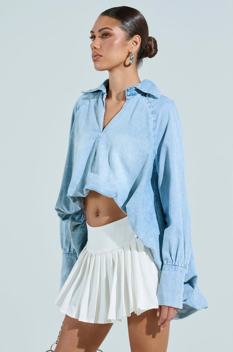 AMELIA DENIM HI LOW BLOUSE Product Image