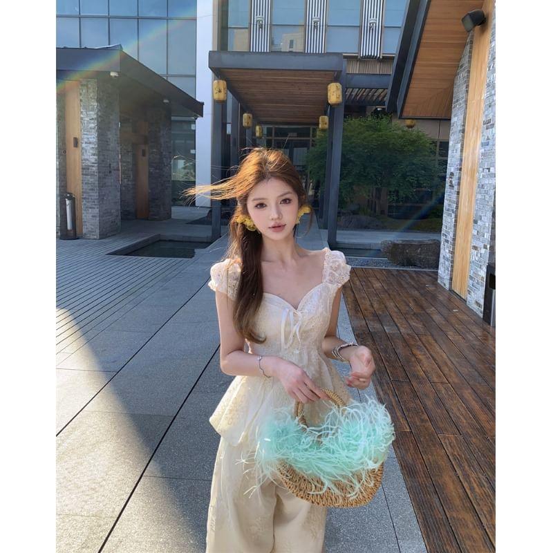 Cap Sleeve Sweetheart Neck Plain Bow Embroidered Eyelet Blouse / High Waist Wide Leg Pants Product Image