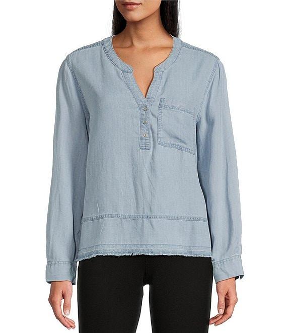 Westbound Petite Size Woven Long Roll-Tab Sleeve Henley Top Product Image
