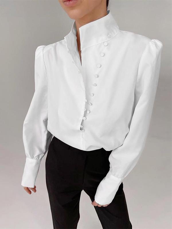Long Sleeves Loose Solid Color Split-Joint High-Neck Blouses Product Image