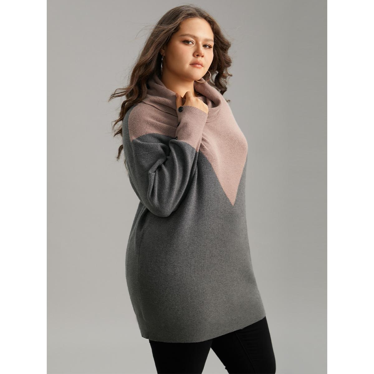 Plus Size Supersoft Essentials Turtleneck Contrast Button Detail Pullover DimGray Women Casual Loose Long Sleeve Turtleneck Dailywear Pullovers BloomChic 30/6X Product Image