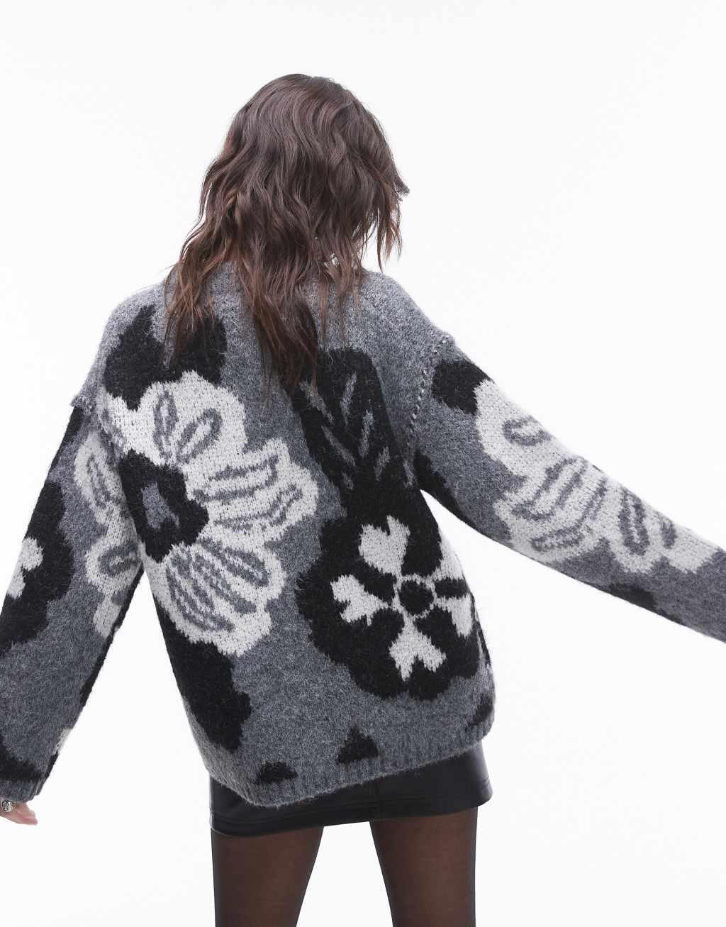 Topshop knitted large floral oversized sweater in gray Product Image