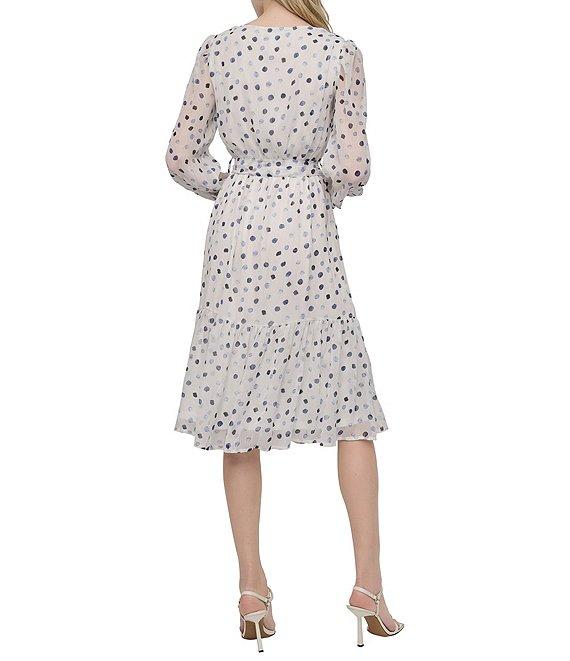 DKNY by Donna Karan Dotted Print Chiffon V-Neck Long Sleeve Fit And Flare Dress Product Image