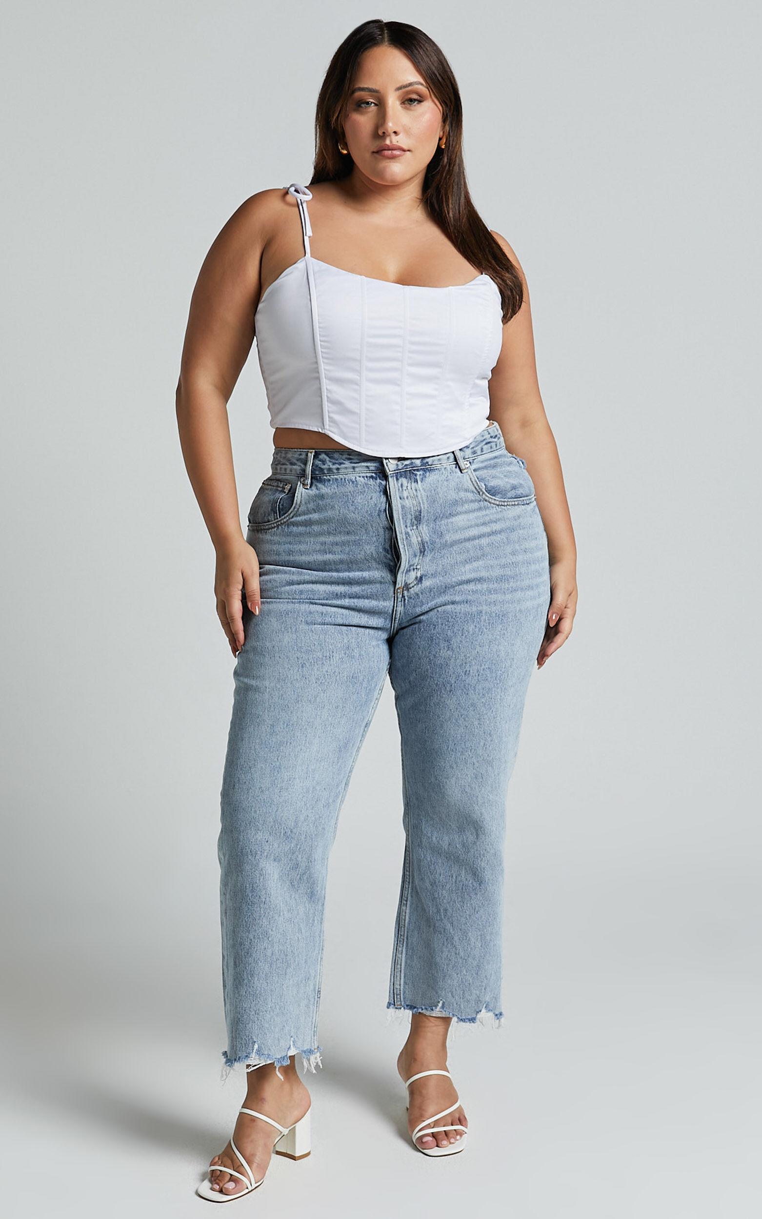 Zelrio Jeans - High Waisted Recycled Cotton Cropped Denim Jeans in Mid Blue Wash Product Image