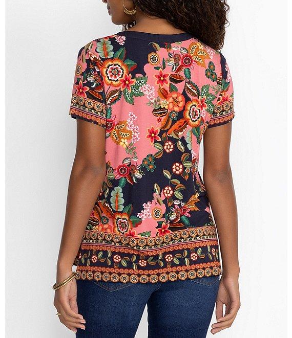JOHNNY WAS Janie Favorite Knit Jersey Floral Print Crew Neck Short Sleeve Henley Tee Shirt Product Image