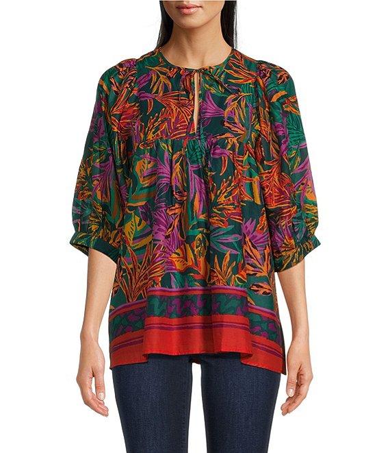 J.Marie Asher Woven Floral Printed Tie Split V-Neck 3/4#double; Puff Sleeve Tunic Product Image