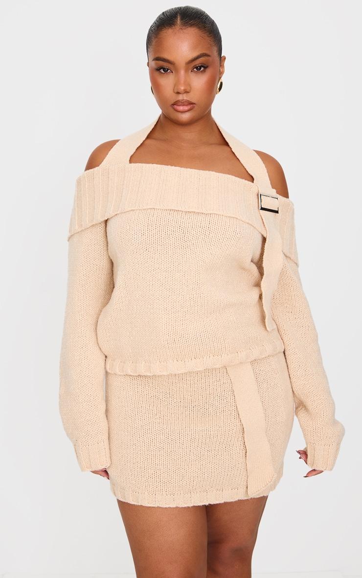 Plus Cream Knitted Fold Over Buckle Detail Sweater Product Image