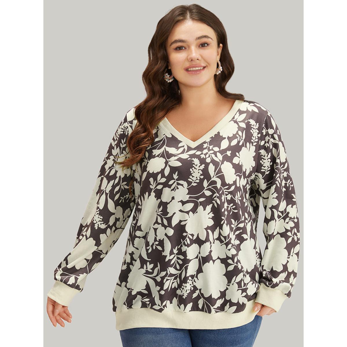 Plus Size Silhouette Floral Print Contrast Trim V Neck Sweatshirt Women DarkBrown Casual Elastic cuffs V-neck Dailywear Sweatshirts BloomChic 26/4X Product Image