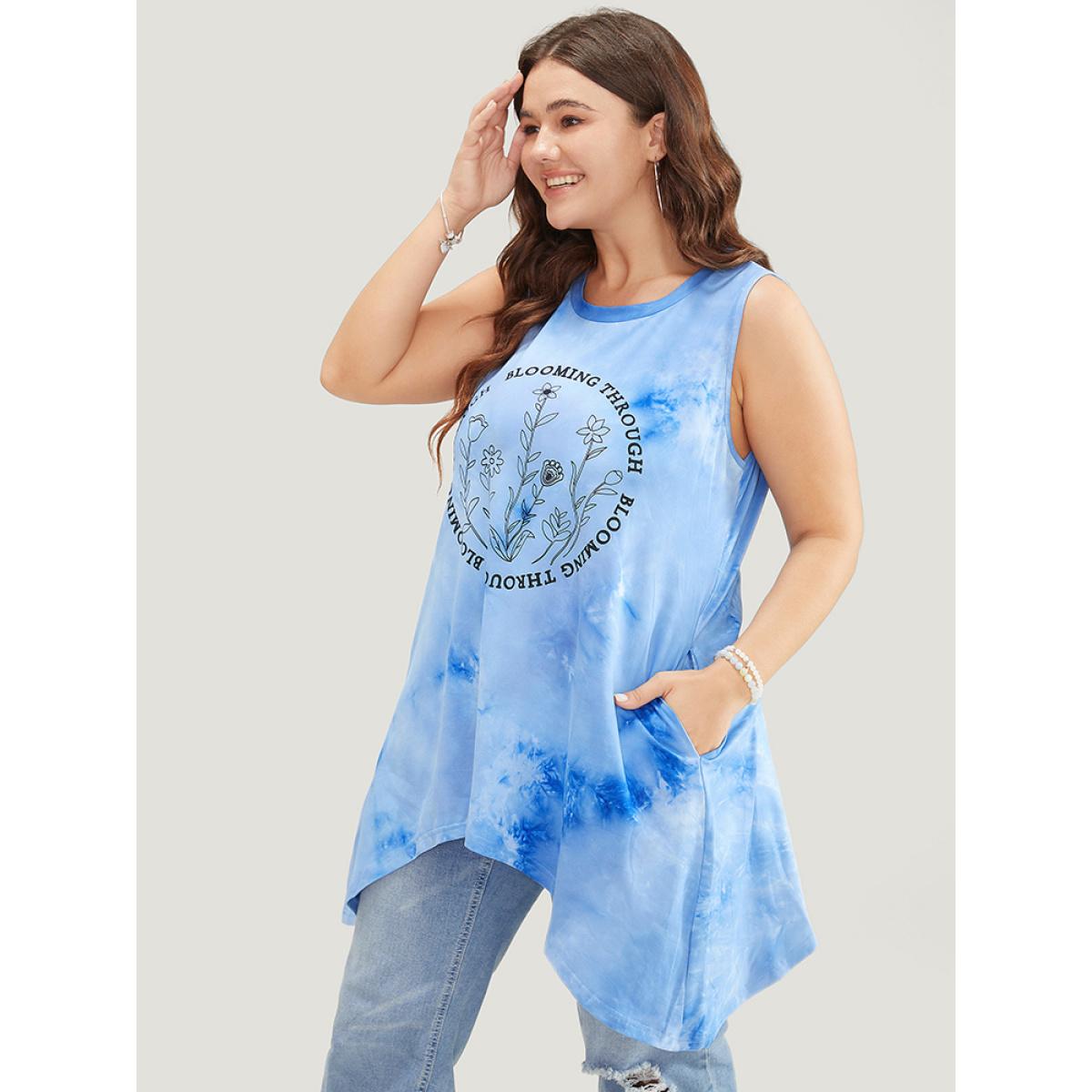Plus Size Floral & letter Print Asymmetrical Hem Tie Dye Tank Top Women LightBlue Casual Printed Dailywear Tank Tops Camis BloomChic 18-20/2X Product Image