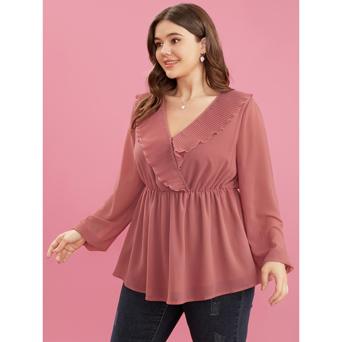 Plus Size DustyPink Solid Lantern Sleeve Pleated Ruffle Trim Wrap Blouse Women Elegant Long Sleeve V-neck Dailywear Blouses BloomChic 12/L Product Image