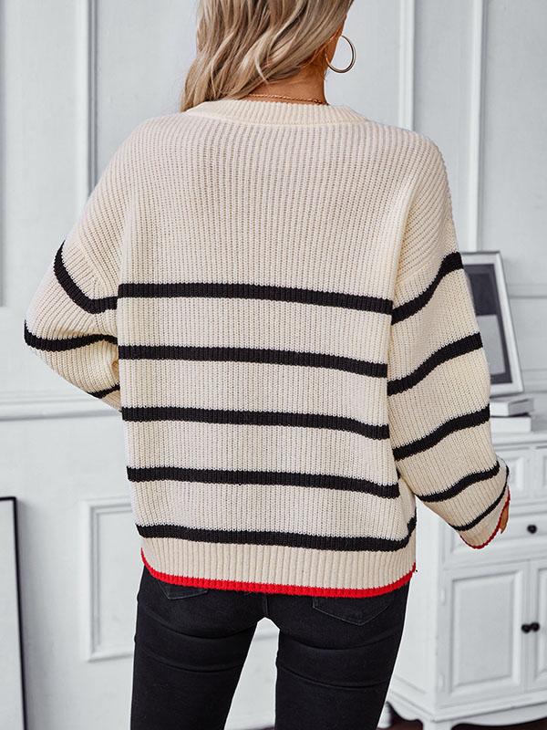 Long Sleeves Loose Contrast Color Split-Joint Striped Round-Neck Pullovers Sweater Tops Product Image