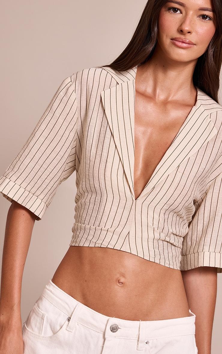 Stone Pinstripe Lightweight Woven Twist Cropped Shirt Product Image