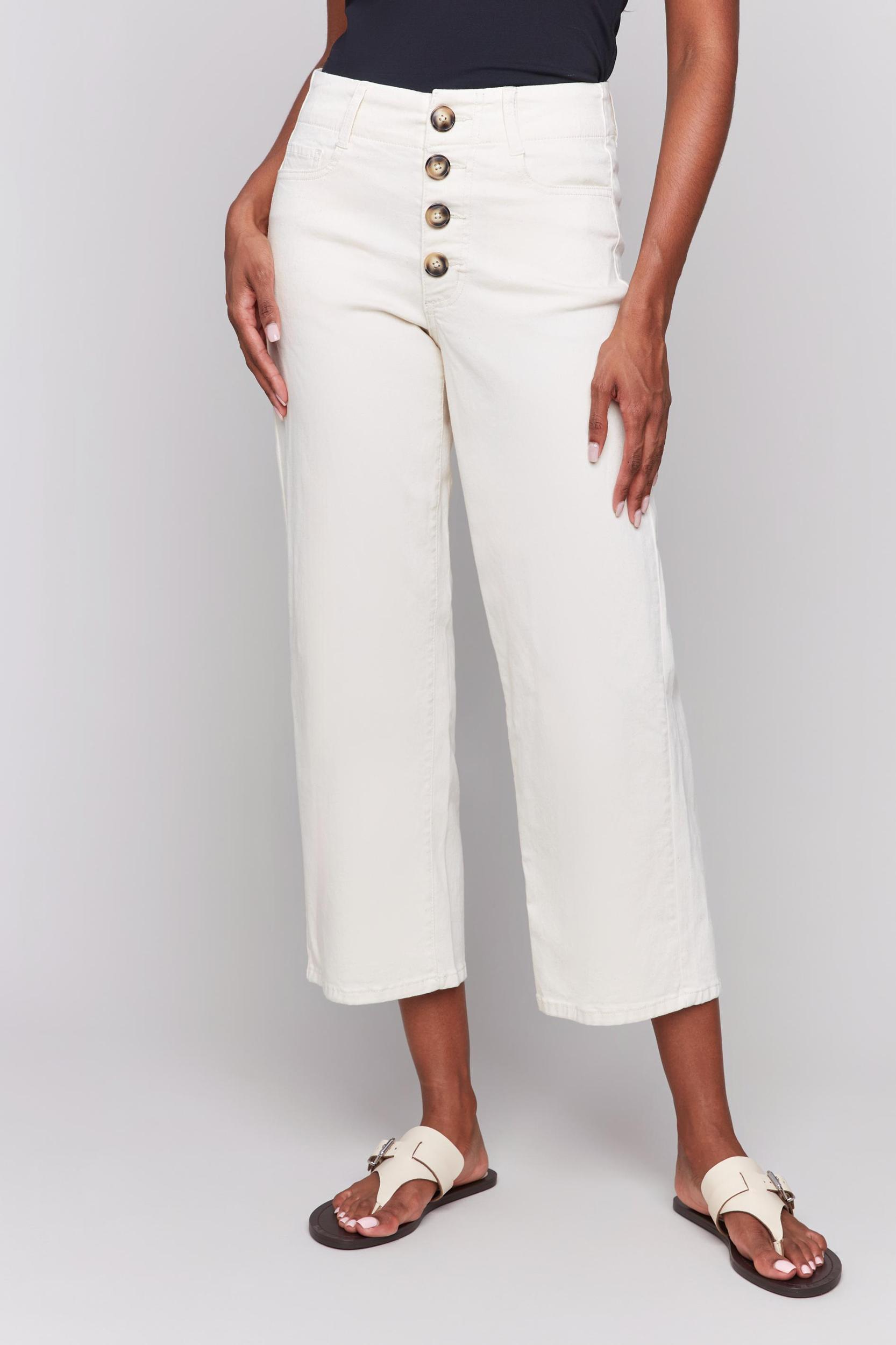 White Button Front Fly Straight Crop Leg Pant Product Image