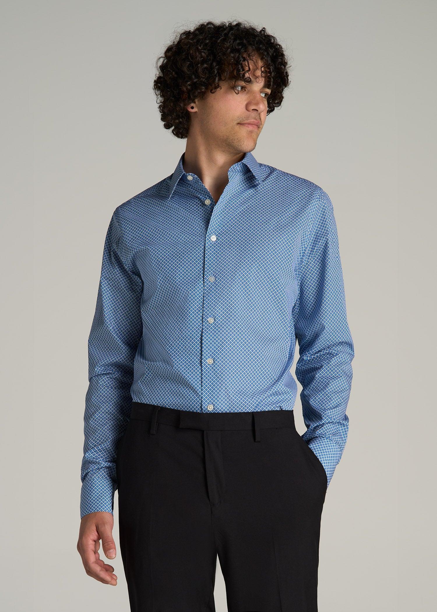 Premium Dress Shirt for Tall Men in Blue Geometric Male Product Image