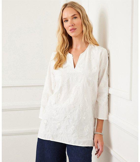 Karen Kane Embroidered Cotton Split V-Neck 3/4 Sleeve Tunic Product Image