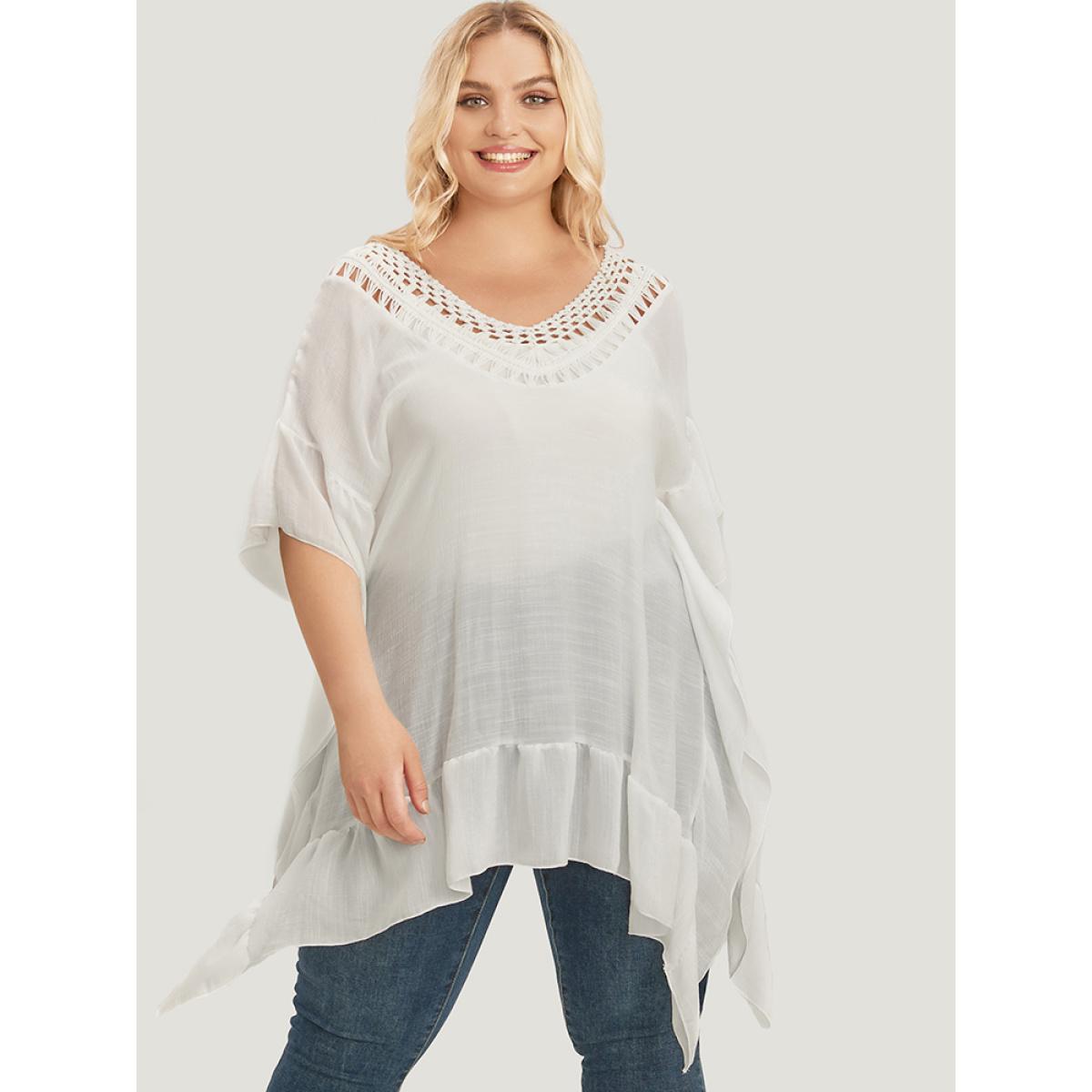 Plus Size Solid Ruffle Trim Dolman Sleeve Lace Asymmetrical Hem Knit Top White Women Elegant Short sleeve V-neck Dailywear Pullovers BloomChic 18-20/2X Product Image