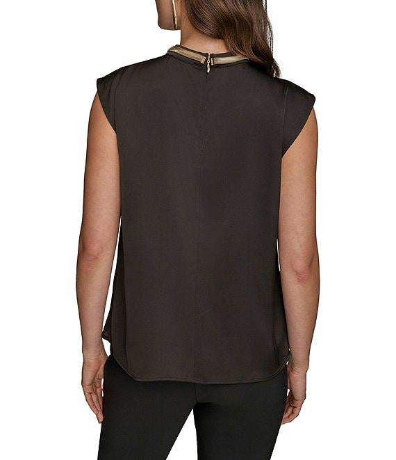 Donna Karan Satin Back Crepe Hardware Twist Neck Cap Sleeve Blouse Product Image