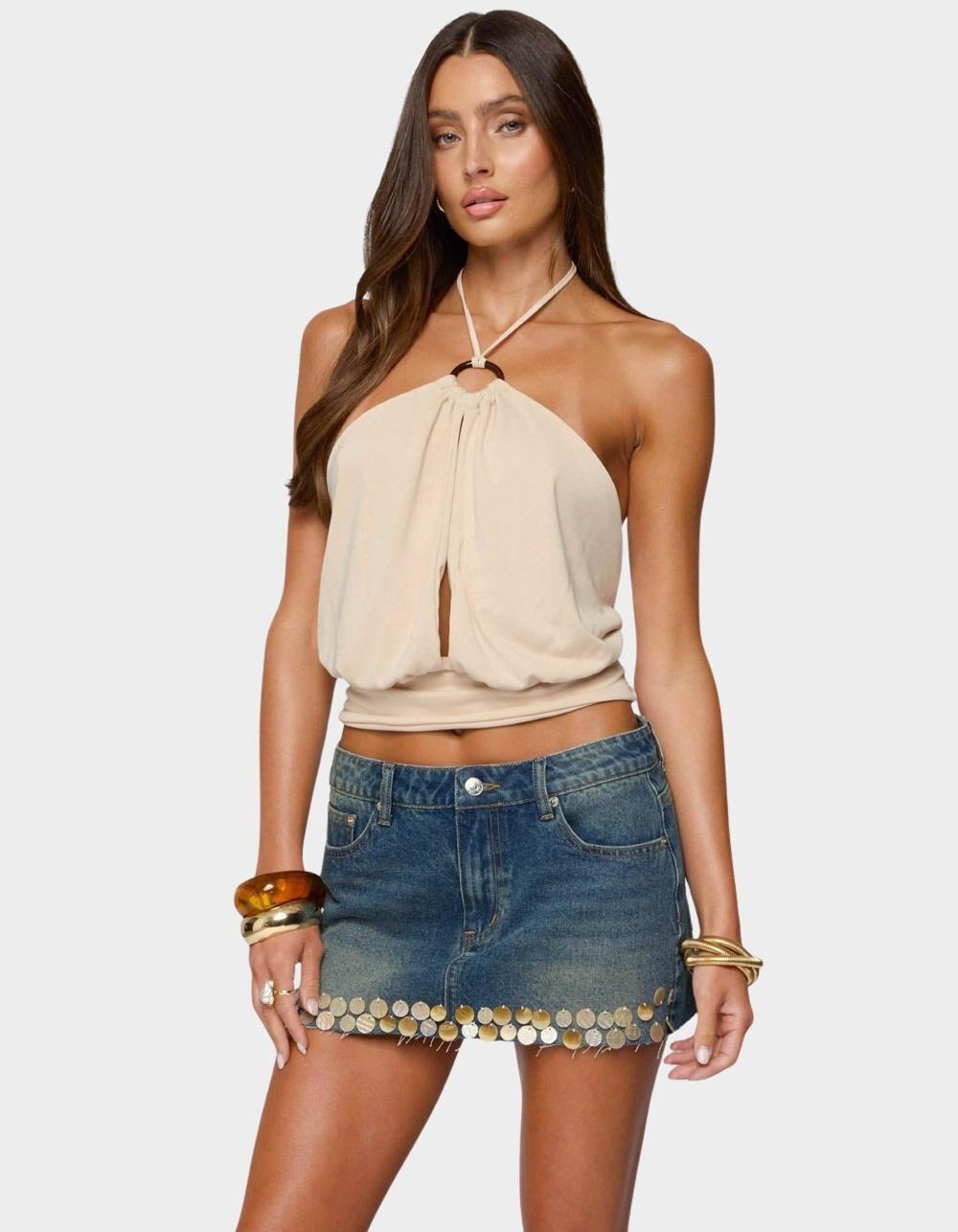 EDIKTED Khalia Backless Cut Out Halter Top - BEIGE Product Image