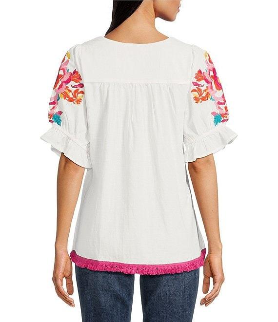 Calessa Petite Size Embroidered Square Neck Short Puff Sleeve Tassel Hem Detail Tunic Product Image