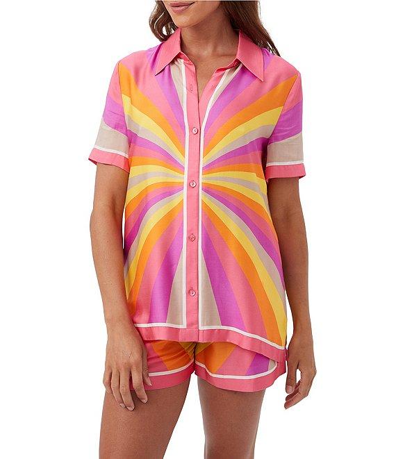 Trina Turk Ember Multi Print Point Collar Button Front Short Sleeve Coordinating Top Product Image