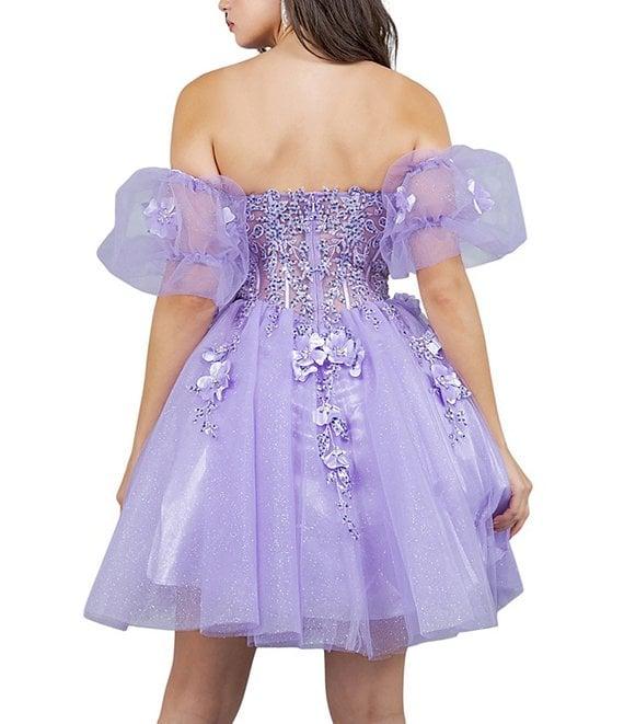 Cinderella Couture Tulle Off-The-Shoulder Bubble Sleeve Corset 3D Floral Applique Dress Product Image