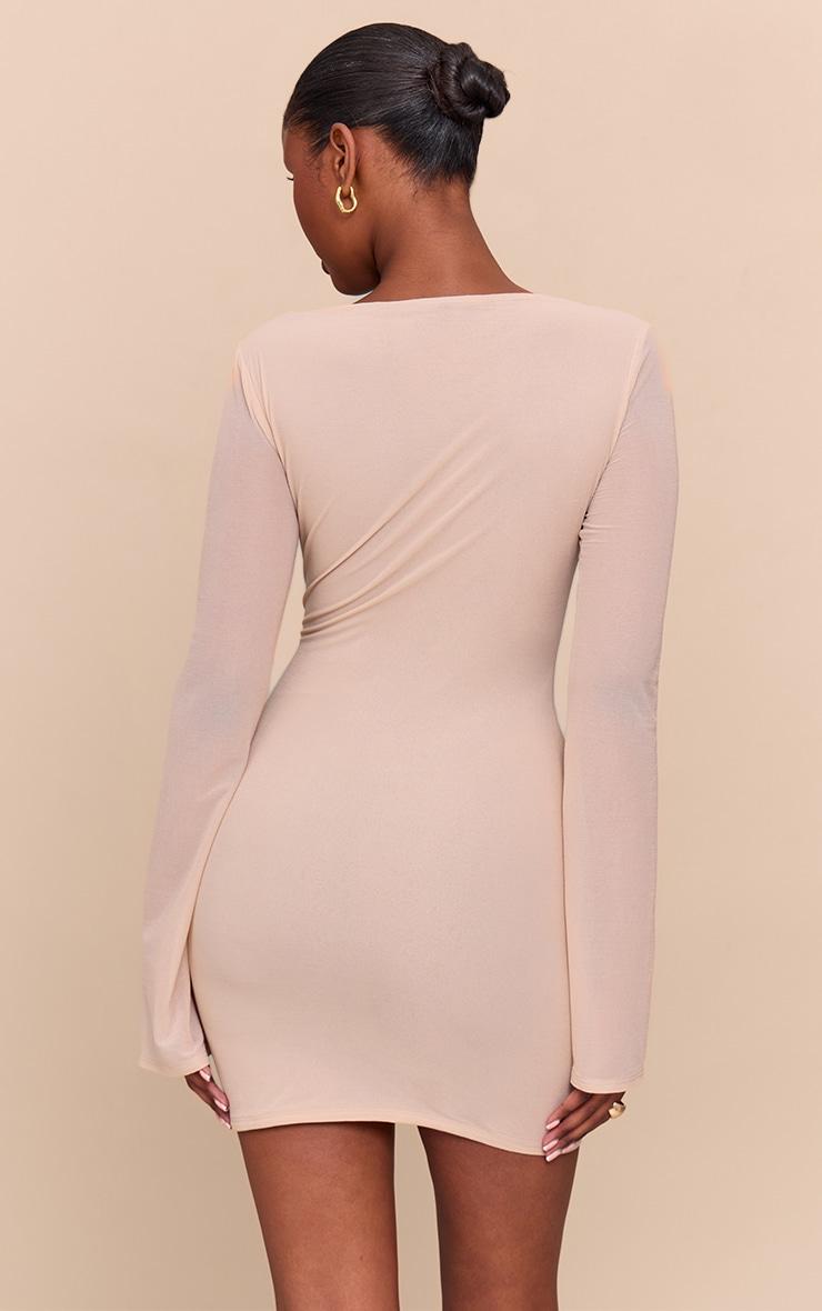 Camel Chiffon Boat Neck Long Sleeve Shift Dress Product Image