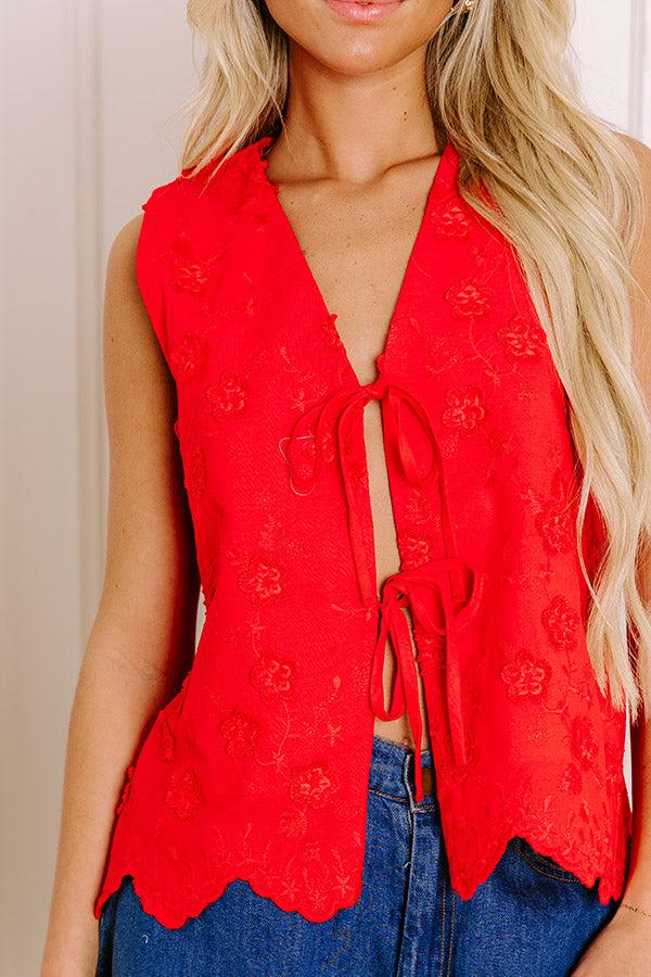 Rodeo Drive Chic Embroidered Front Tie Top in Red Product Image