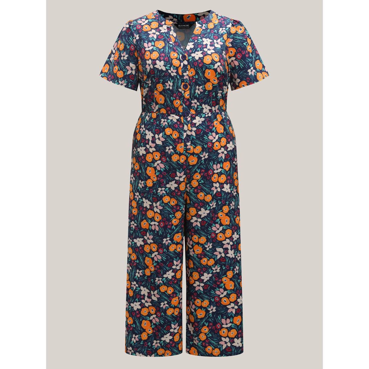 Plus Size DarkBlue Abstract Floral Print Button Jumpsuit Women Short sleeve Notched collar Everyday-Elegant Loose Jumpsuits BloomChic 14-16/1X Product Image