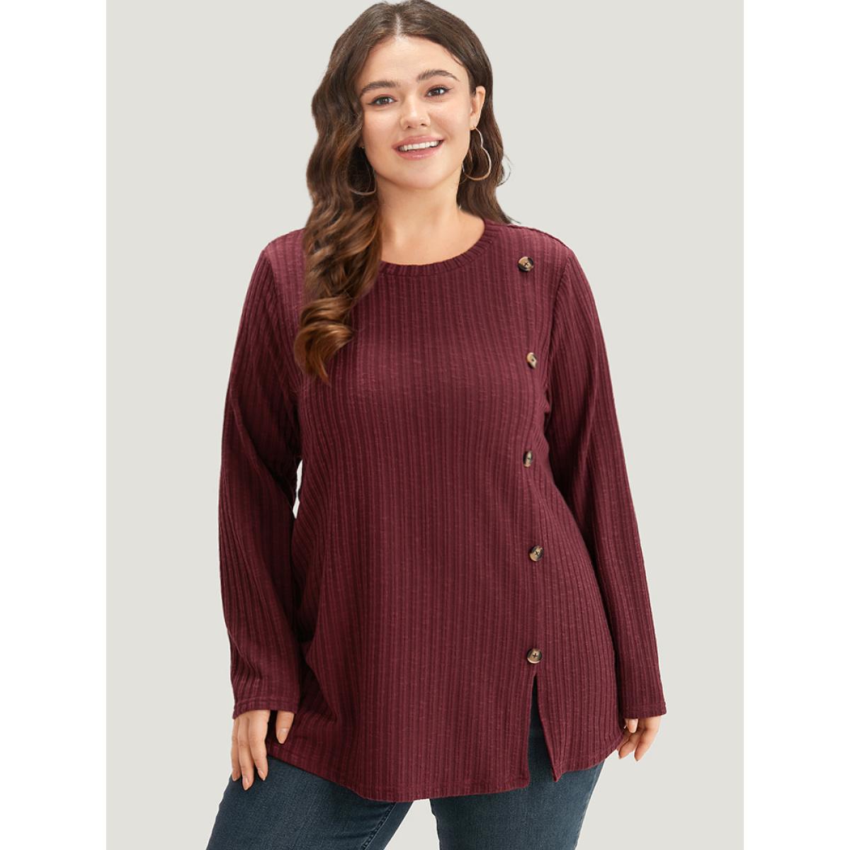 Plus Size Rib Knit Button Detail Split Side T-shirt Burgundy Women Casual Texture Plain Round Neck Dailywear T-shirts BloomChic 22-24/3X Product Image