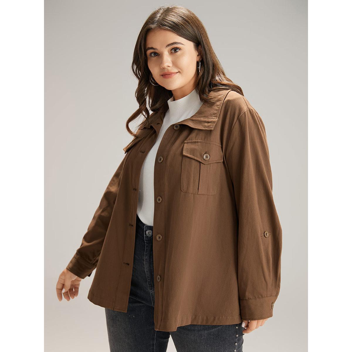 Plus Size Plain Roll Tab Sleeve Button Down Coat Women Bronze Casual Plain Ladies Dailywear Winter Coats BloomChic 26/4X Product Image