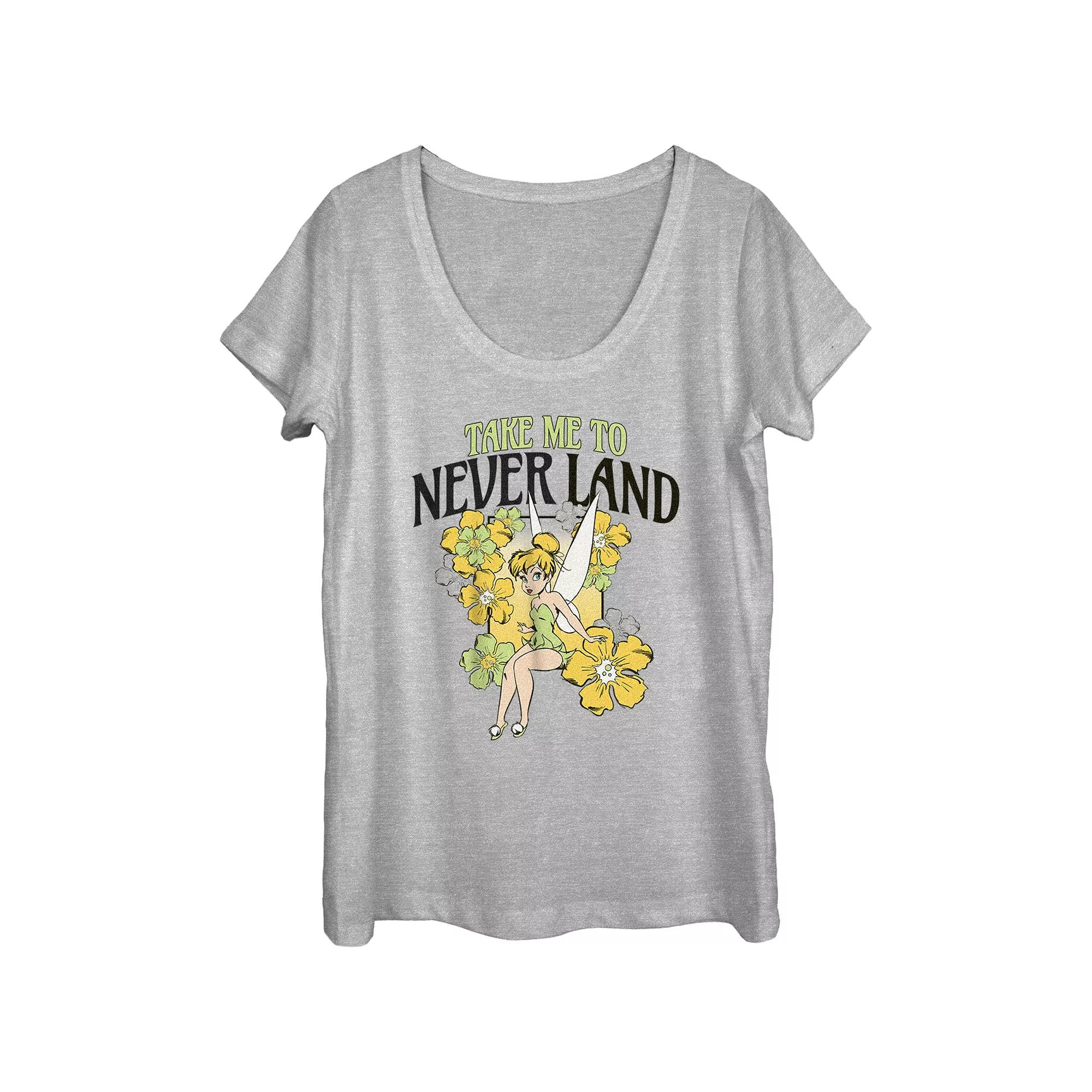 Disney's Tinker Bell Take Me To Never Land Flowers Scoop Neck Juniors' Graphic Tee, Women's, Size: Medium, Athletic Grey Product Image