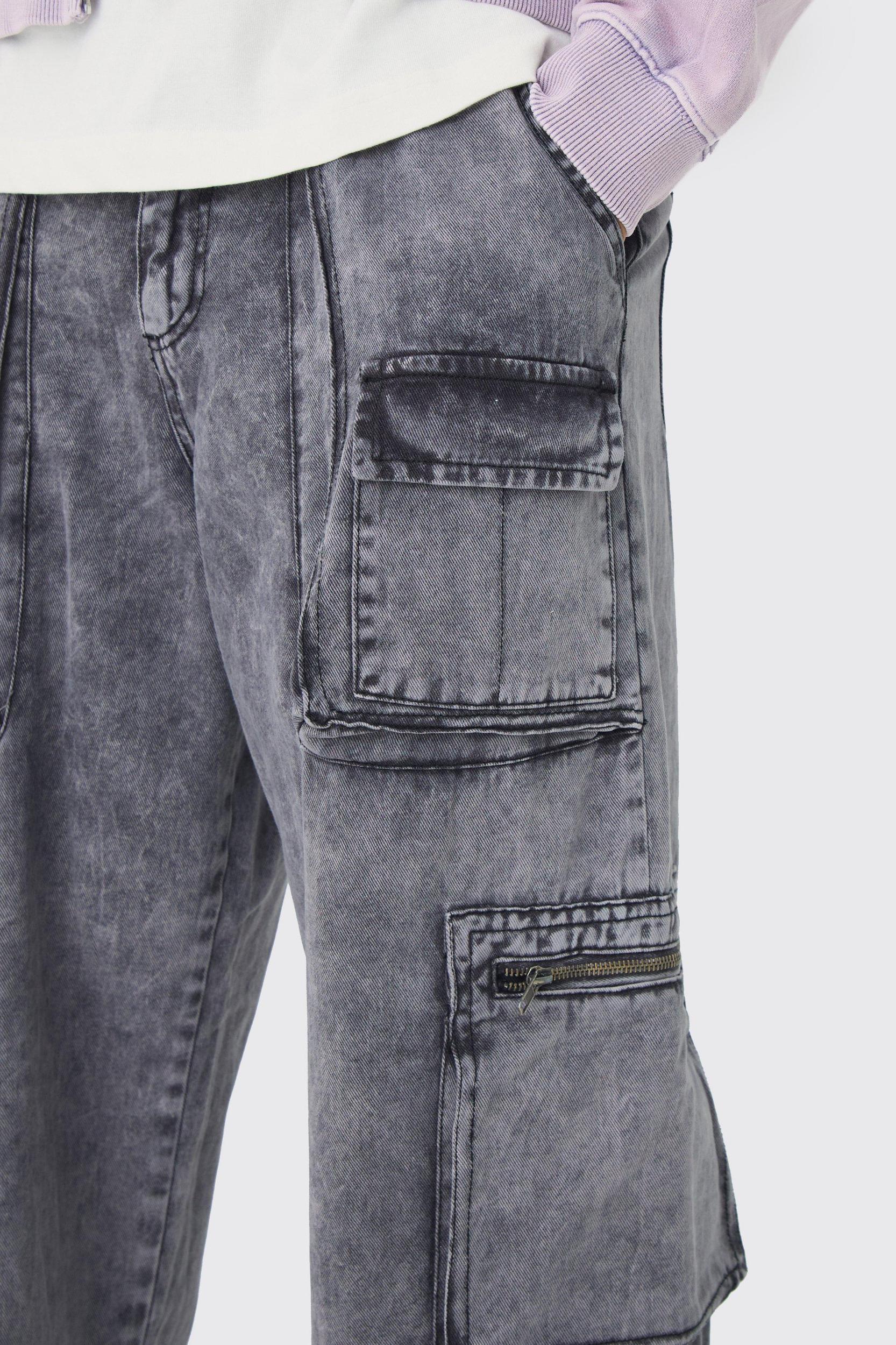 Fixed Waist Acid Washed Baggy Cargo Pants | boohooMAN USA Product Image