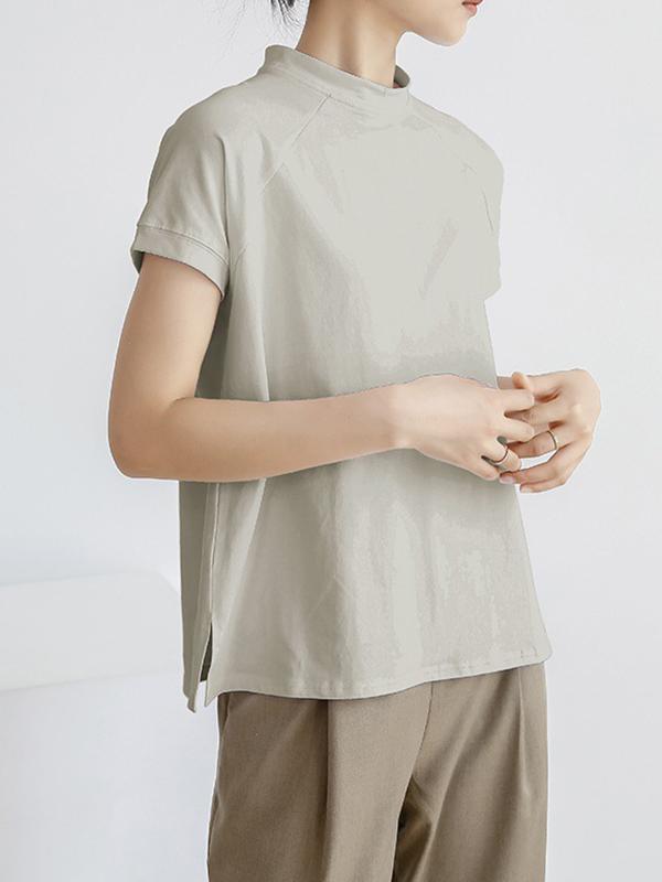 Casual Short Sleeves Loose Solid Color Stand Collar T-Shirts Tops Product Image