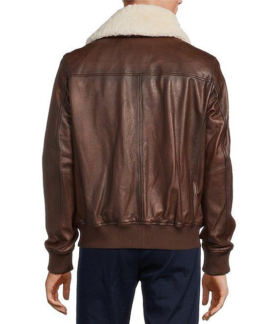Roundtree & Yorke Shearling Collar Long Sleeve Leather Aviator Bomber Jacket Product Image