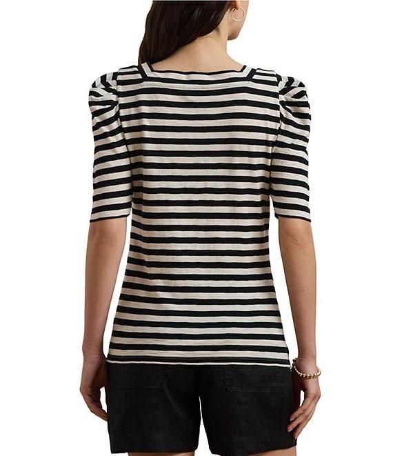 Lauren Ralph Lauren Cotton Jersey Striped Square Neck Puff Sleeve Tee Product Image