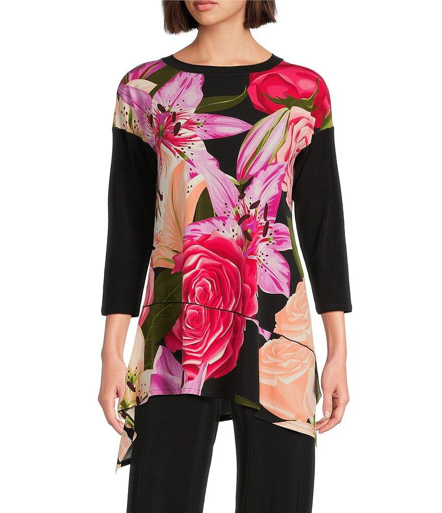 Eva Varro Knit Floral Print Boat Neck 3/4 Sleeve Asymmetrical Ruffle Hem Tunic Product Image
