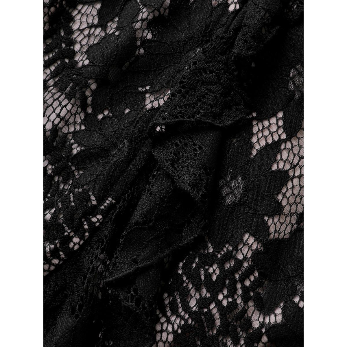 Plus Size Floral Lace Lined Wrap Belted Midi Dress Black Women Romantic Overlapping Overlap Collar Extra Long Sleeve Curvy BloomChic 14-16/1X Product Image