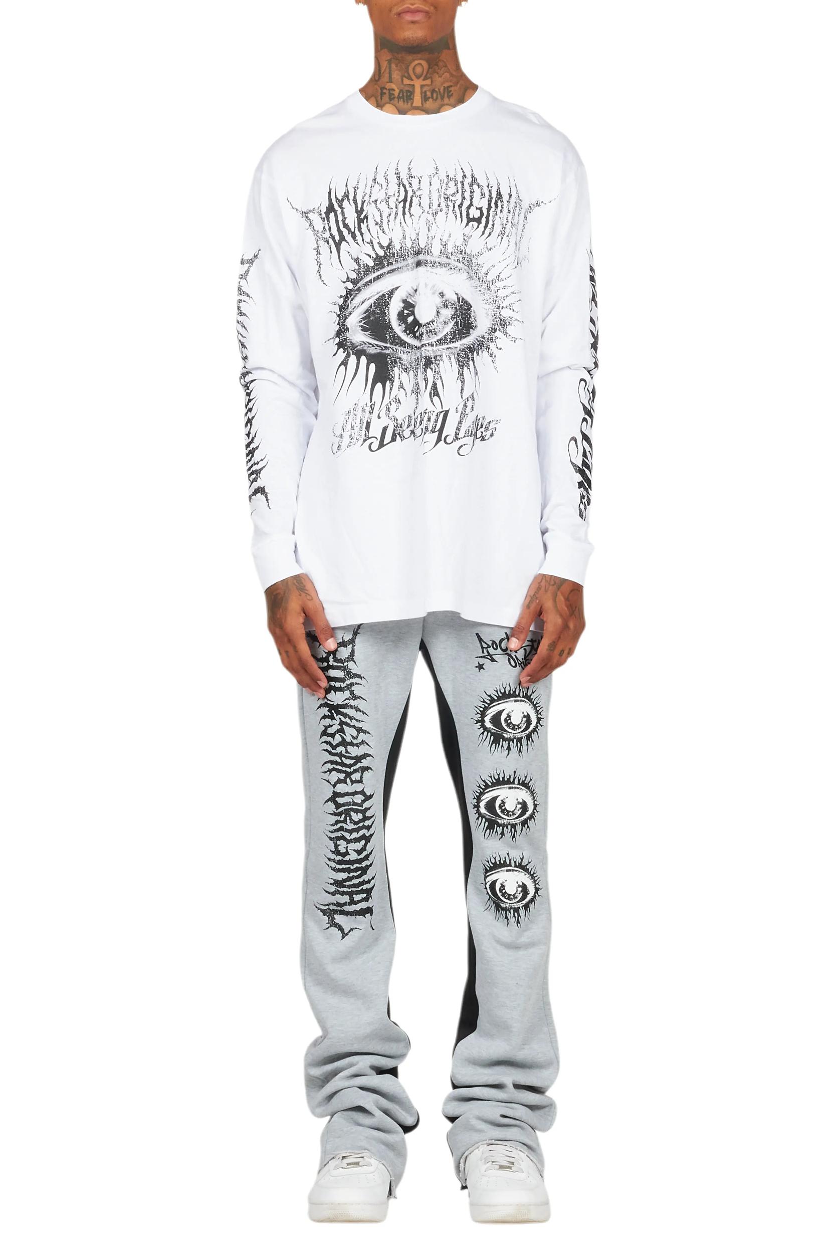 All Seeing Eyes White/Grey Long Sleeve T-Shirt/Baggy Pant Set Male Product Image