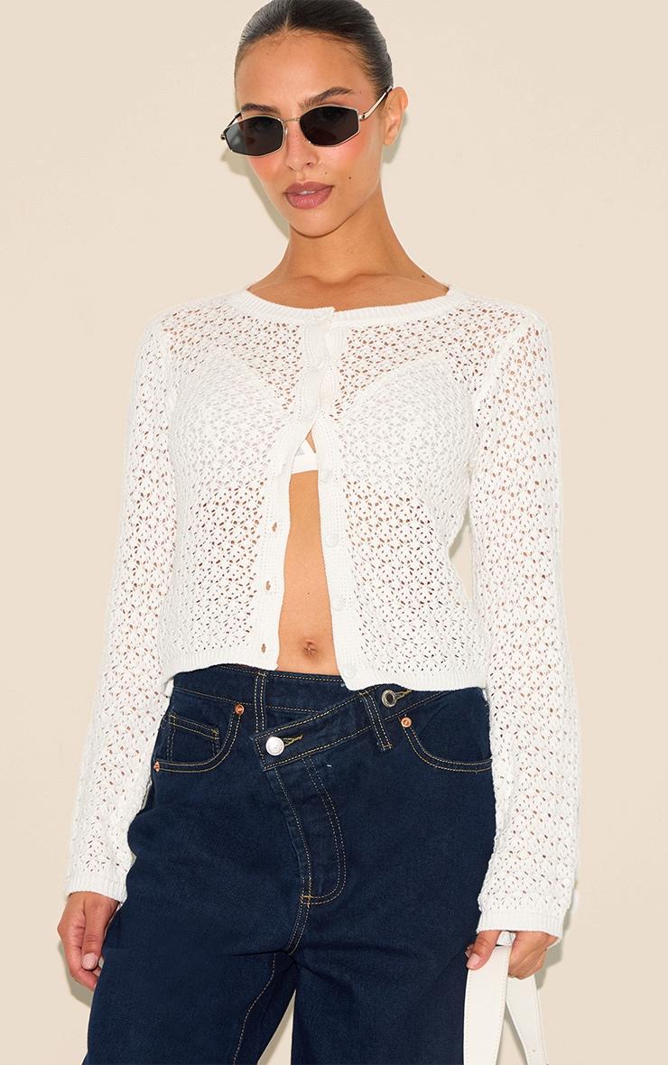 Petite Cream Knitted Crochet Button Through Long Top Product Image
