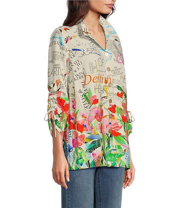 John Mark Novelty Floral Print Collar Neck 3/4 Sleeve Button Front Top Product Image