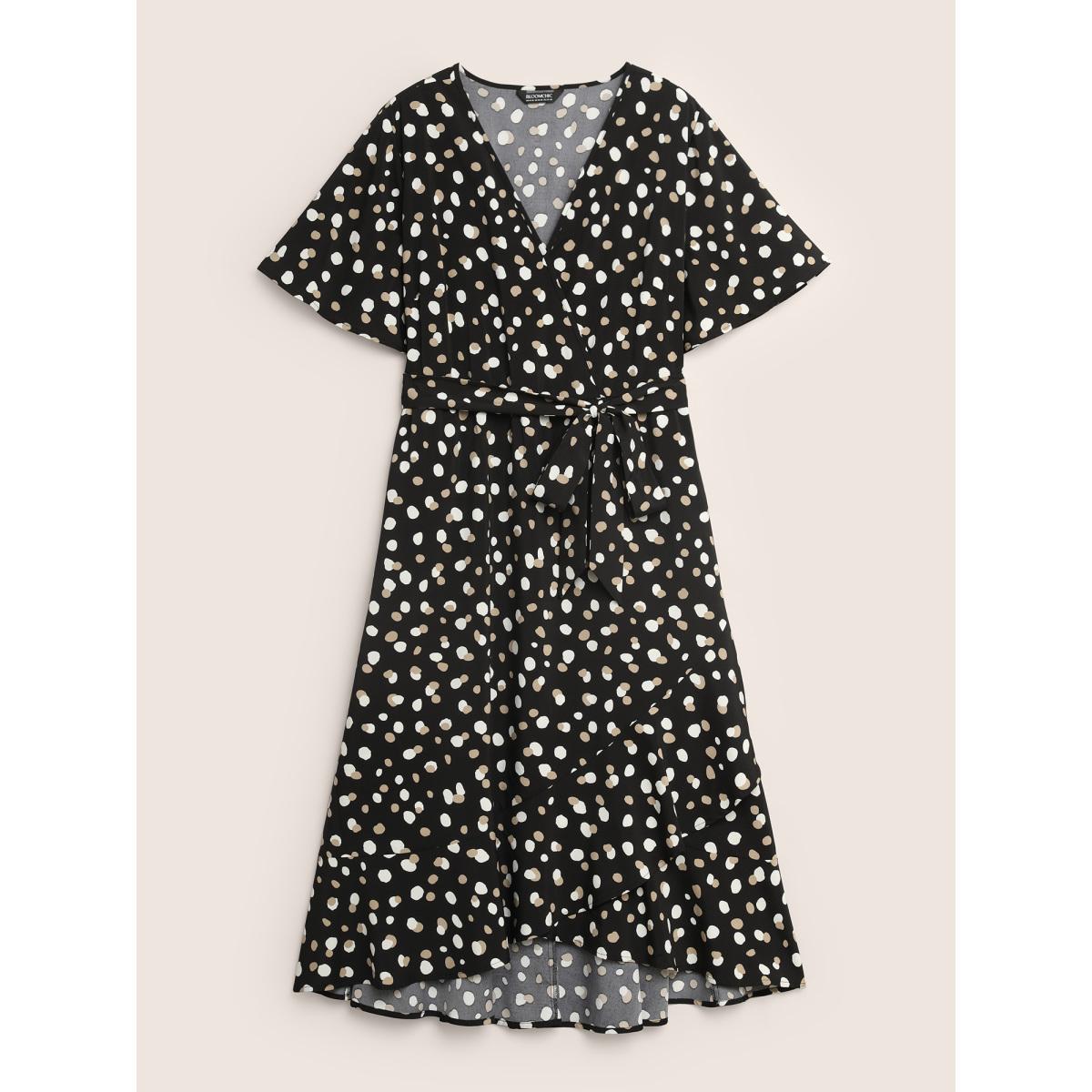 Plus Size Allover Print Wrap Flutter Sleeve Midi Dress Black Women Elegant Belted Overlap Collar Short sleeve Curvy BloomChic 26/4X Product Image