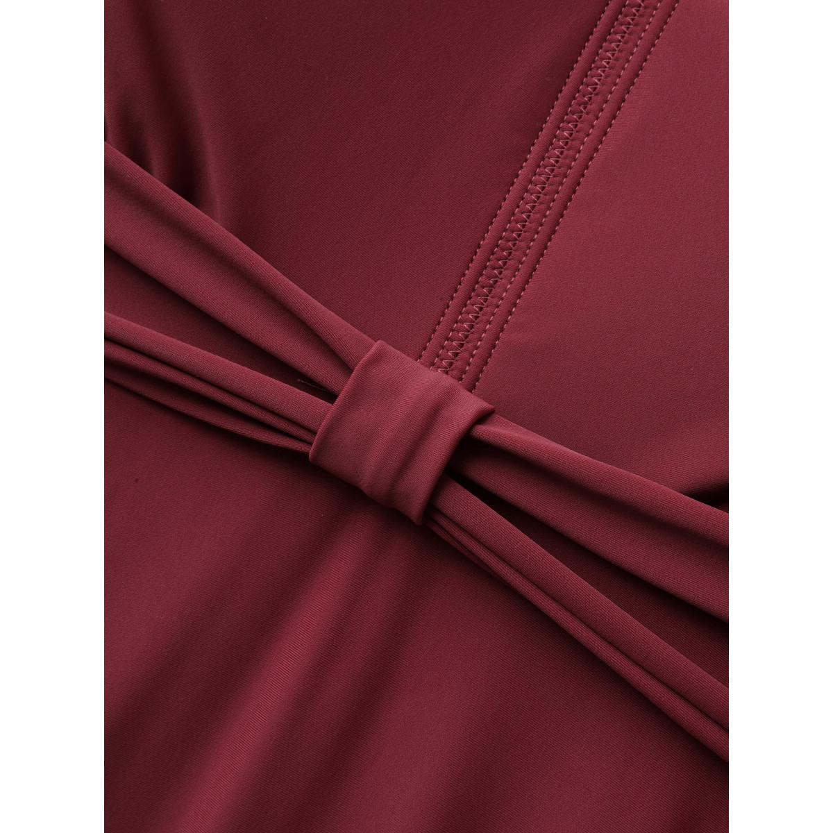 Plus Size Pleated Waist Flutter Sleeve Swim Dress Women's Swimwear Deepred Resort Bodycon V-neck High stretch Curve Swim Dresses BloomChic 14-16/1X Product Image