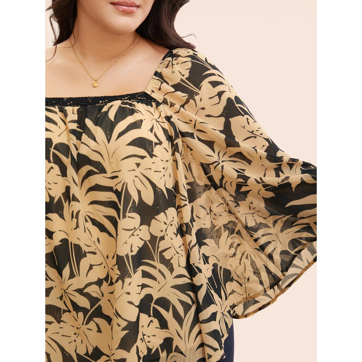 Plus Size Black Silhouette Floral Print Batwing Sleeve Contrast Webbing Blouse Women Elegant Elbow-length sleeve Square Neck Everyday Blouses BloomChic 14-16/1X Product Image